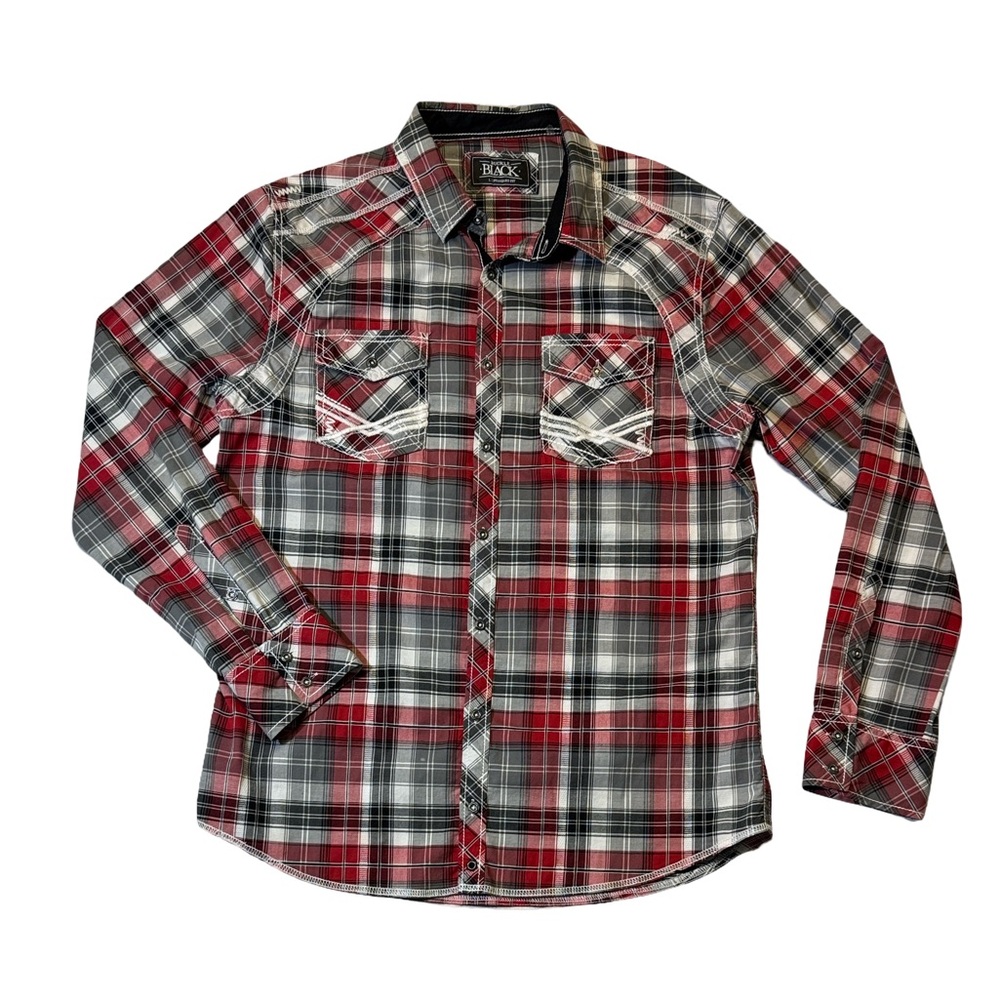 Buckle Black mens L Large red gray plaid standard fit button up casual shirt EUC